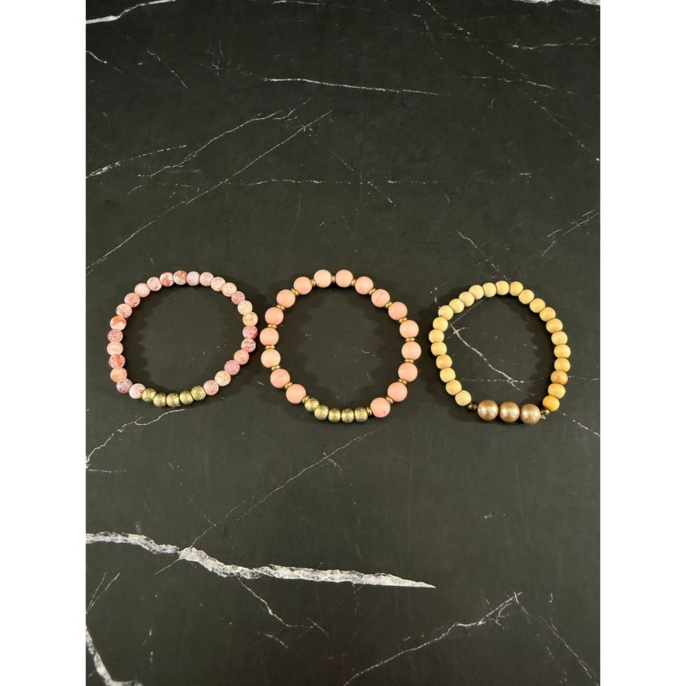 Red Matte Fire Agate Dragon Veined Beaded Gemstone Bracelet Trio w/ Gold Beads